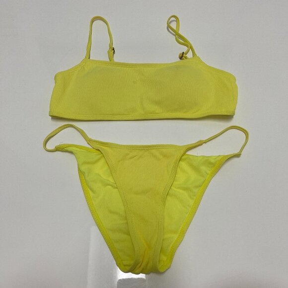 Cabana Del Sol Neon Bright Yellow Scoop-Neck Ribbed Bikini Set Size Medium - Picture 1 of 3